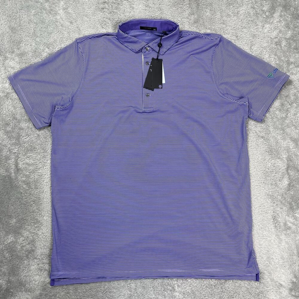 Greyson Saranac Polo Shirt Mens 2XL Purple Striped Short Sleeve Golf Performance
